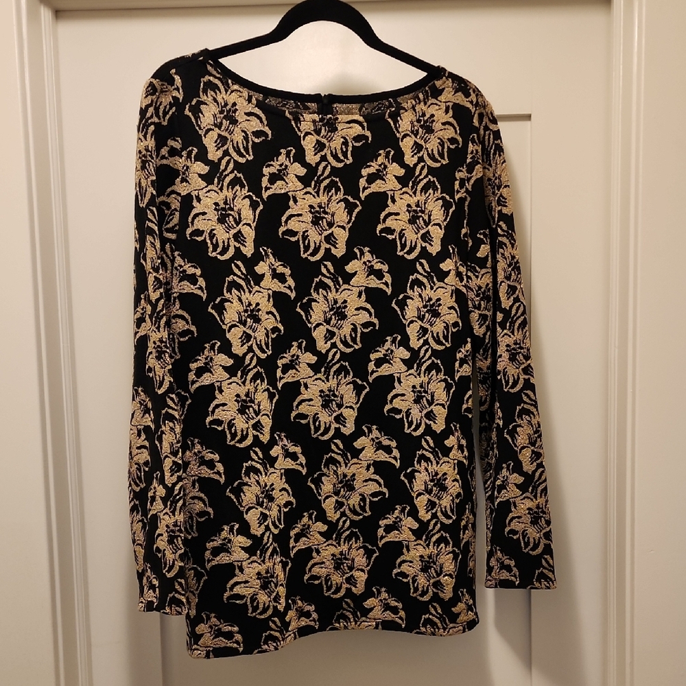 St. John Black and Gold Floral Long Sleeve Top